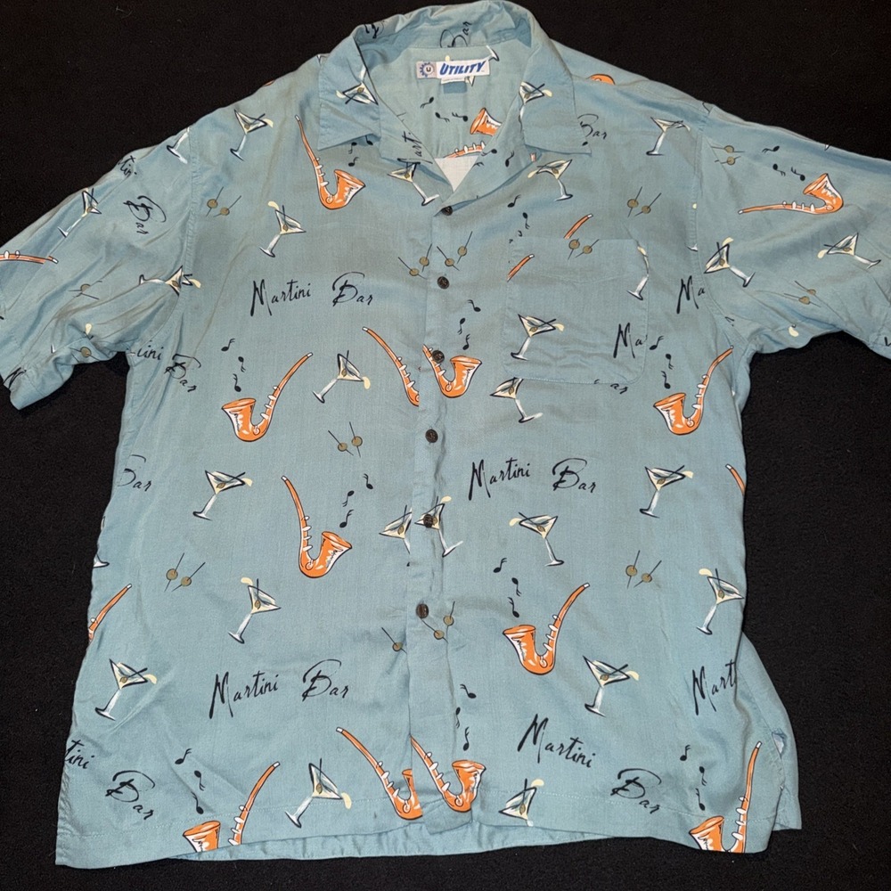Utility Martini Bar Jazz Rayon Hawaiian Shirt Button Down Short Sleeve Mens L